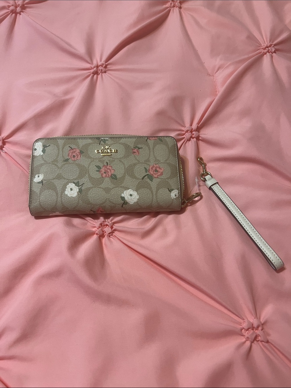 Coach Beige Floral Zip-Around Wallet Wristlet with White Strap